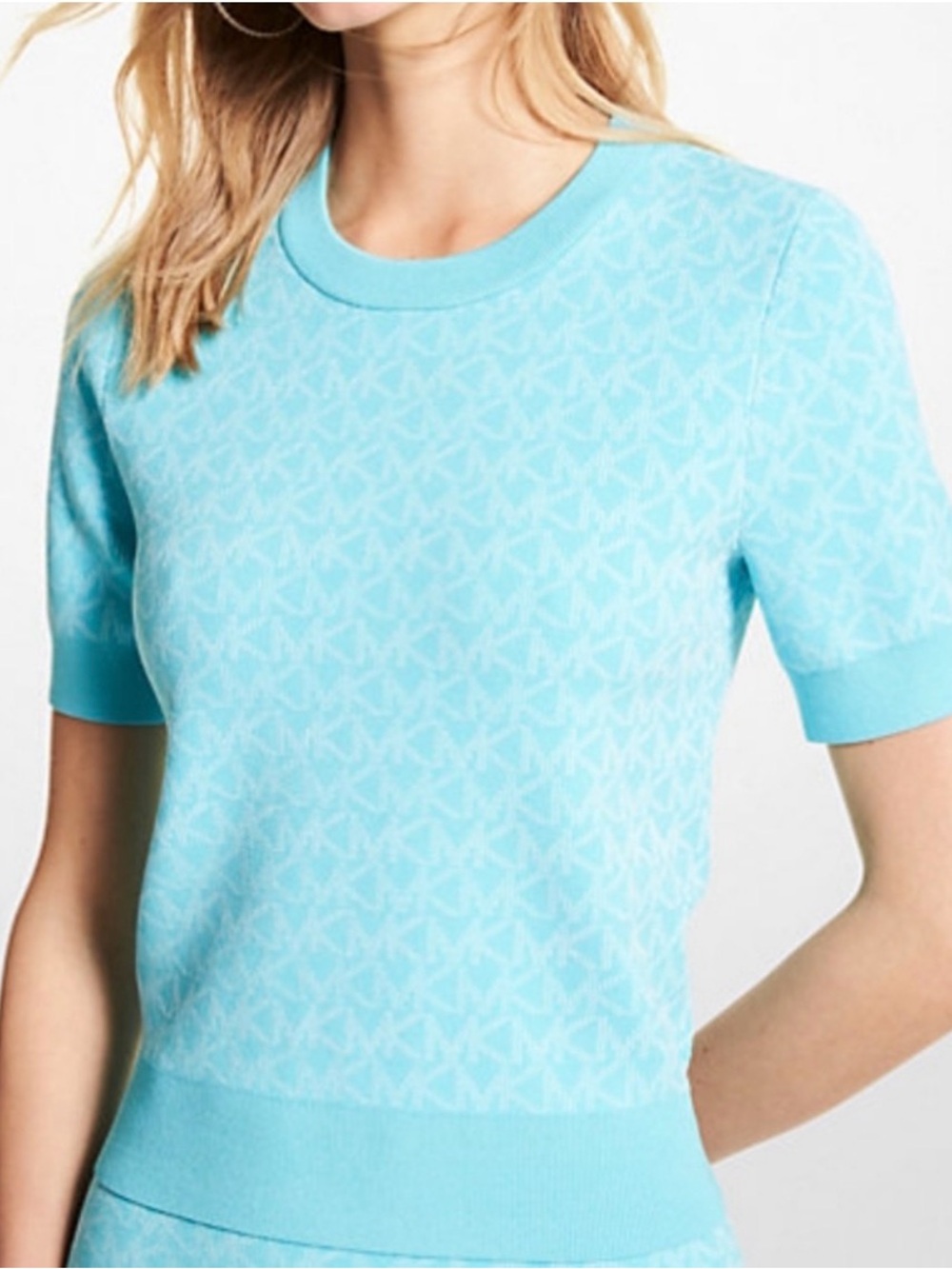 Michael Kors Aqua Logo Jacquard Short Sleeve Knit Top